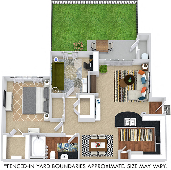 Floor plan for 1 bed, 1 bath, 905 sqft